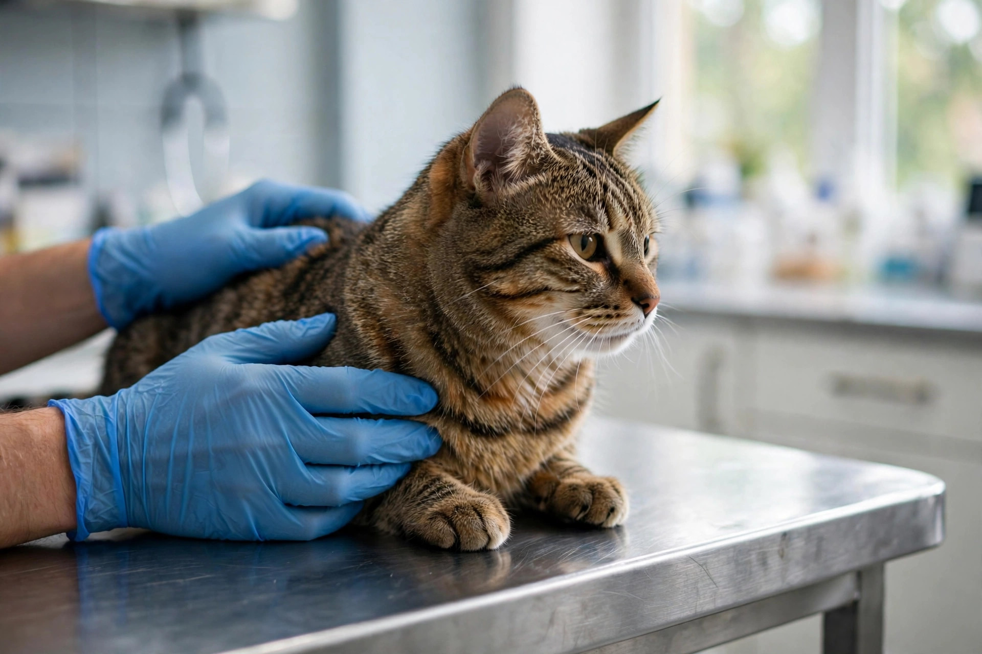 A tabby cat being gently examined on a veterinary exam table