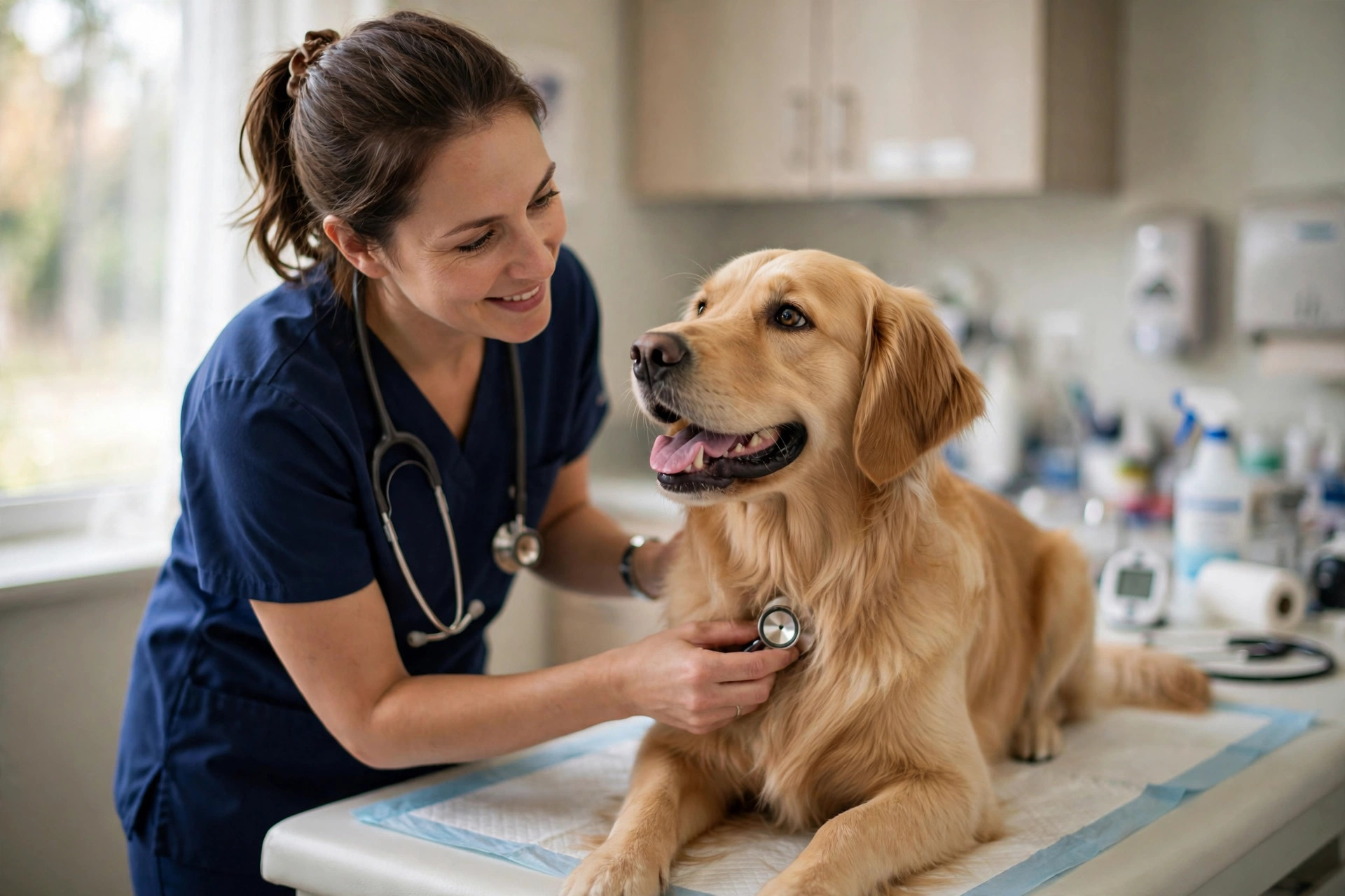 A veterinarian in navy scrubs gently examining a golden retriever on an exam table