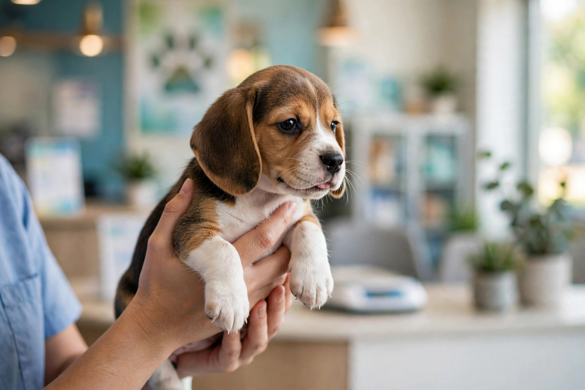 A small beagle puppy held gently at a veterinary clinic